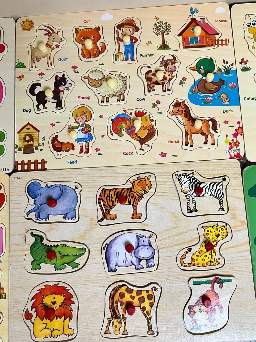6 Children’s peg puzzles of Bugs, Farm Animals, Zoo Animals, ABC’s & Number’s